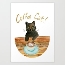 Black Cat Drinking Coffee Art Print