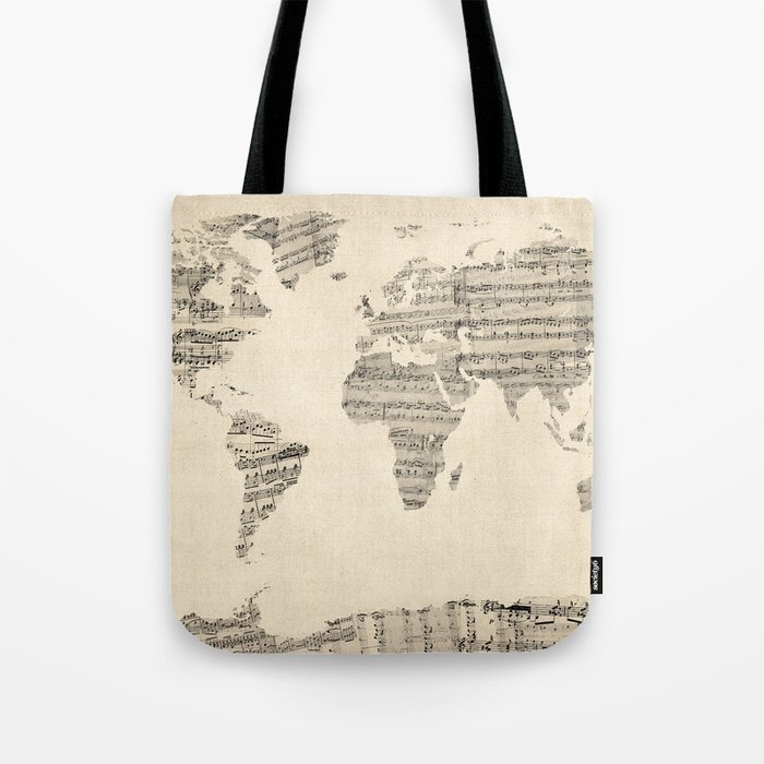 Old Sheet Music World Map Tote Bag