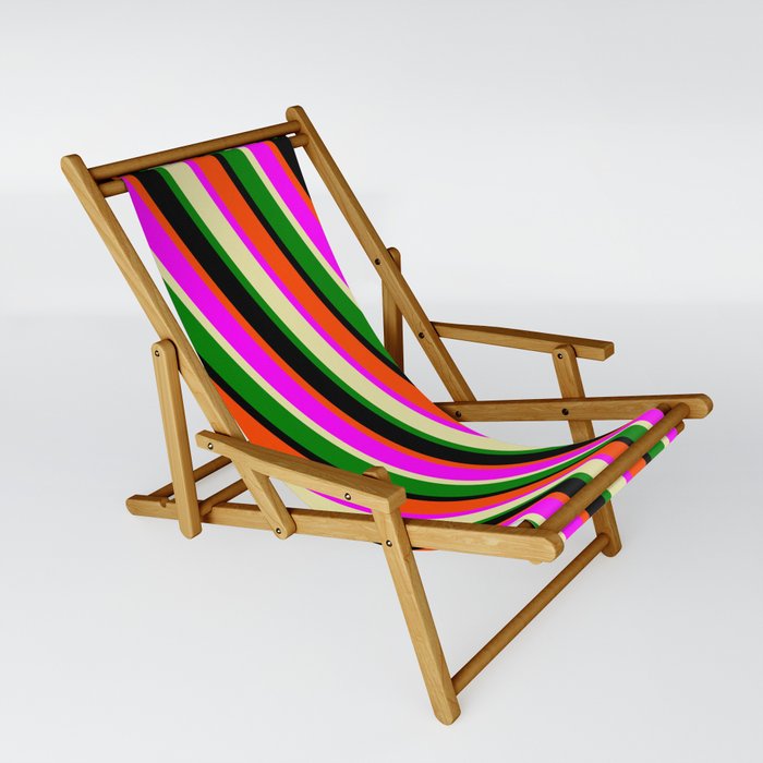 Red, Fuchsia, Pale Goldenrod, Green, and Black Colored Pattern of Stripes Sling Chair