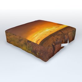 Sunset on the Plains - Warm Sunset on Stormy Evening in Oklahoma Outdoor Floor Cushion | Greatplains, Clouds, Prairiesunset, Orange, Barbedwire, Storm, Photo, Fence, Sunset, Panhandle 
