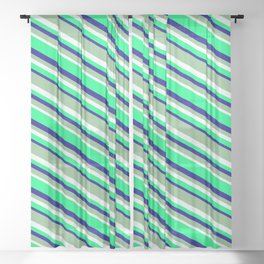[ Thumbnail: Dark Sea Green, Mint Cream, Green, and Blue Colored Striped Pattern Sheer Curtain ]