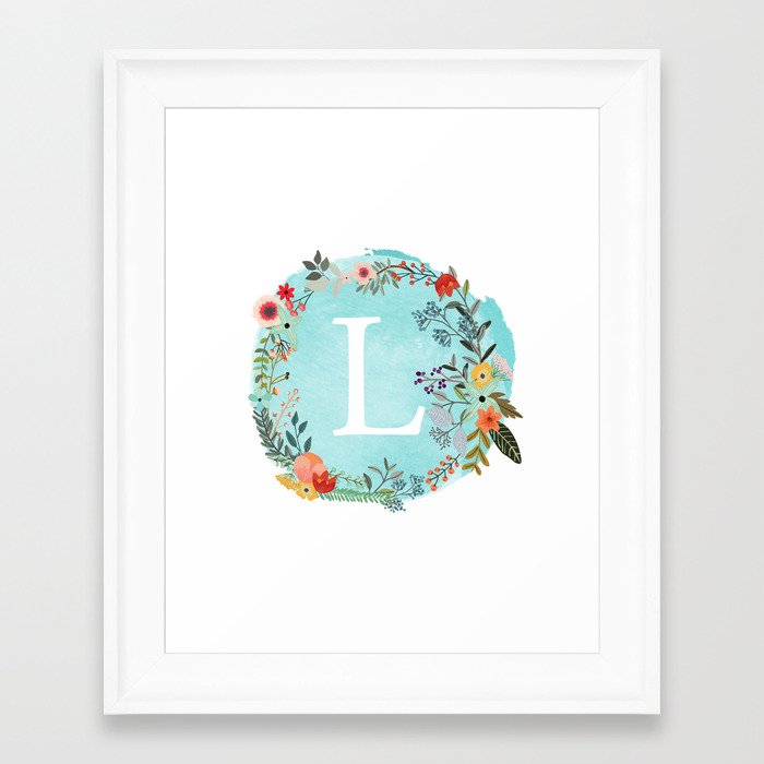 Personalized Monogram Initial Letter L Blue Watercolor Flower Wreath Artwork Framed Art Print