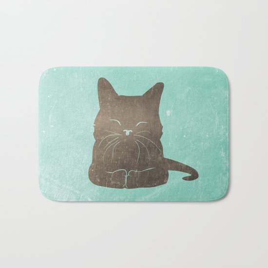 Happy cat illustration in blue and brown Bath Mat