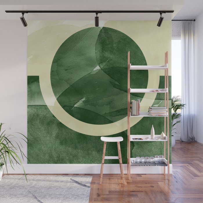 Green Abstract Scandinavian Hot Wax Painting Sun Moon Minimalist Wall Mural