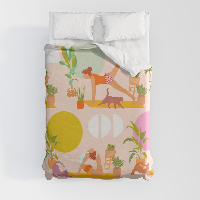 Summer with Yoga, Cats and Plants Duvet Cover