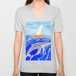 humpback whale and polynesian outrigger sail boat V Neck T Shirt