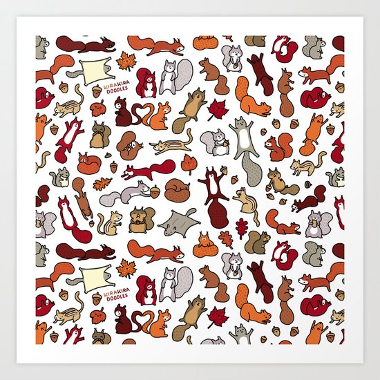 Squirrels in Fall Doodle Art Print