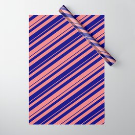[ Thumbnail: Blue and Light Coral Colored Lined Pattern Wrapping Paper ]