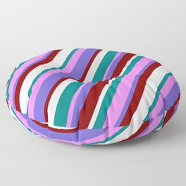 [ Thumbnail: Vibrant Teal, Violet, Slate Blue, Maroon & White Colored Pattern of Stripes Floor Pillow ]