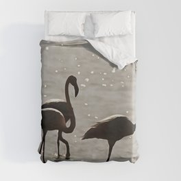 Three Flamingos Grey Silhouette Acrylic Art  Duvet Cover