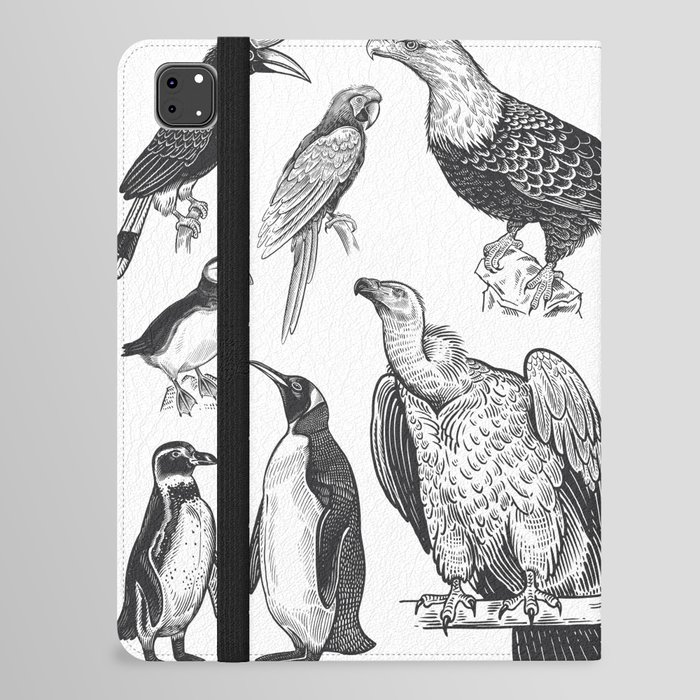 Birds of wildlife set. Eagles, owls, parrots, pelican, penguins, ibis, puffin isolated on white background. Tropical, exotic, water birds. Black white illustration. Vintage. Vintage. Realistic graphics iPad Folio Case