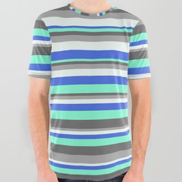 [ Thumbnail: Colorful Royal Blue, Aquamarine, Dim Grey, Dark Grey & Mint Cream Colored Lined/Striped Pattern All Over Graphic Tee ]