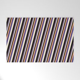[ Thumbnail: Brown, Dark Slate Blue, Beige & Black Colored Striped Pattern Welcome Mat ]