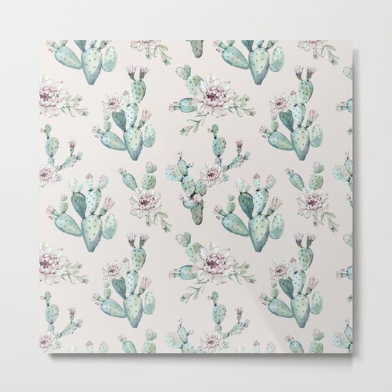Pretty Cactus Rose Pattern Pale Pink + Green Metal Print