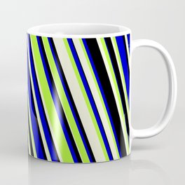 [ Thumbnail: Blue, Light Green, Beige & Black Colored Lines/Stripes Pattern Coffee Mug ]