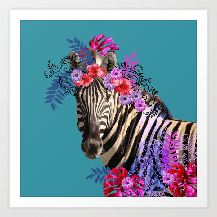 Zebra Flower Fantasy Artwork - Hibiscus Monstera Leaves Art Print