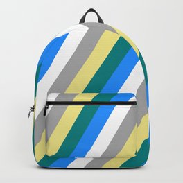 [ Thumbnail: Eye-catching Tan, Teal, Blue, White & Dark Gray Colored Striped/Lined Pattern Backpack ]