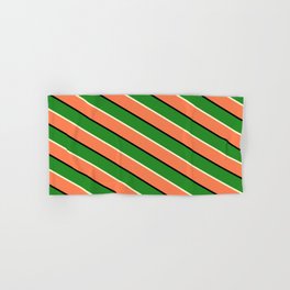 [ Thumbnail: Forest Green, Light Yellow, Coral & Black Colored Striped Pattern Hand & Bath Towel ]