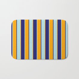 [ Thumbnail: Powder Blue, Midnight Blue, and Orange Colored Striped/Lined Pattern Bath Mat ]