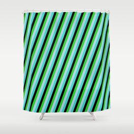 [ Thumbnail: Turquoise, Black, Lime Green, and Light Blue Colored Lines/Stripes Pattern Shower Curtain ]