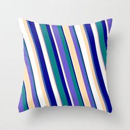 [ Thumbnail: Eyecatching Teal, Slate Blue, Tan, White, and Dark Blue Colored Stripes Pattern Throw Pillow ]