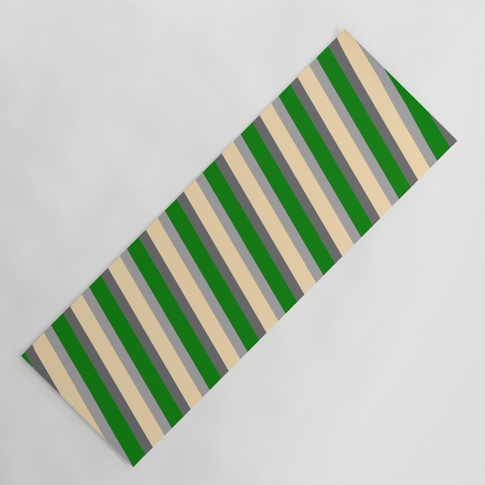 Dim Grey, Beige, Dark Gray, and Green Colored Lines/Stripes Pattern Yoga Mat