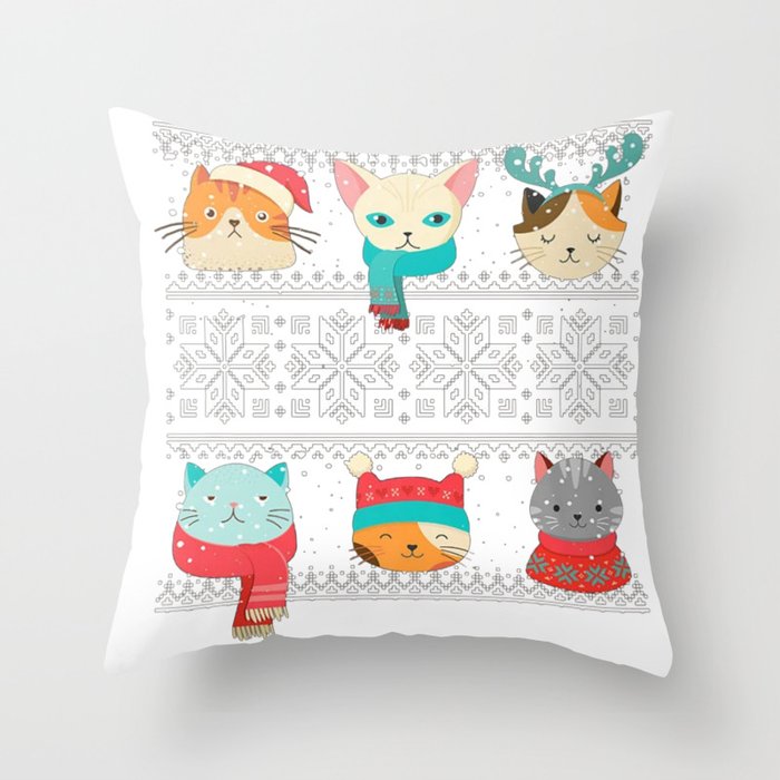 Cute Cat Meow Face Ugly Christmas Kitten Gift Tee Throw Pillow By