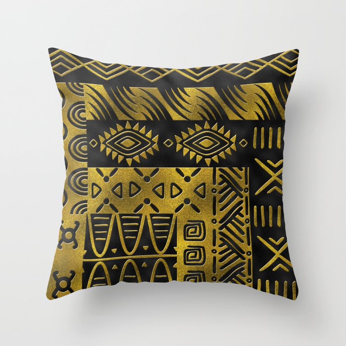 Ethnic African Golden Pattern on black Throw Pillow
