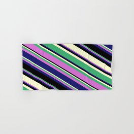 [ Thumbnail: Sea Green, Orchid, Midnight Blue, Black, and Light Yellow Colored Lines/Stripes Pattern Hand & Bath Towel ]