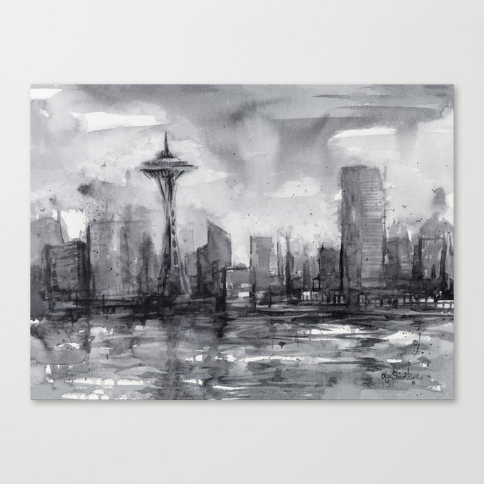 Seattle Skyline Painting Watercolor Black And White Space Needle