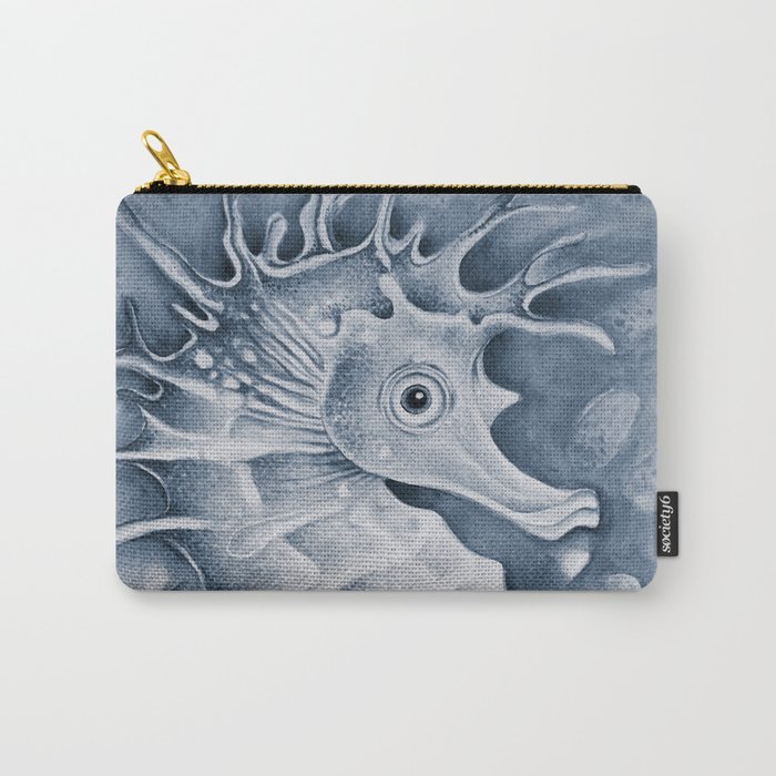 Cute Seahorse in Sea Grass Monochrome Blue Watercolor Carry-All Pouch