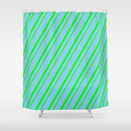 [ Thumbnail: Sky Blue & Lime Colored Striped Pattern Shower Curtain ]