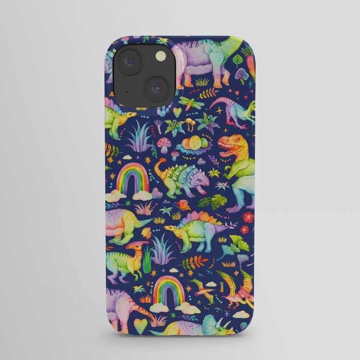 Rainbow color Cheerful Dinosaurus World - bluebg iPhone Case