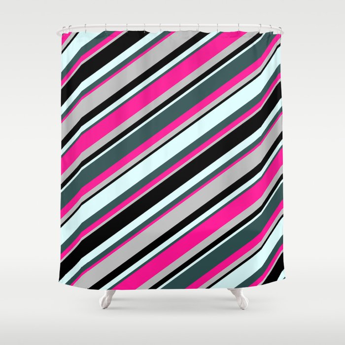Colorful Light Cyan, Dark Slate Gray, Deep Pink, Grey & Black Colored Lines/Stripes Pattern Shower Curtain