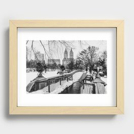 Central Park Bow Bridge in New York City during winter snowstorm blizzard black and white Recessed Framed Print