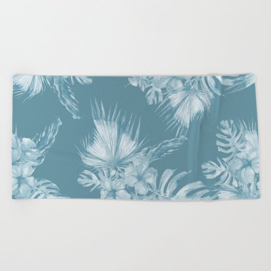 Teal Island Escape Palm Leaves + Flowers Beach Towel