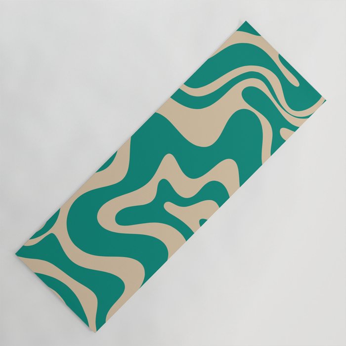 Liquid Swirl Retro Abstract Pattern in Mid Mod Turquoise Teal and Beige Yoga Mat