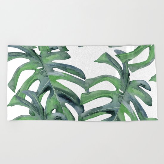 Tropical Palm Leaves Green on White Beach Towel