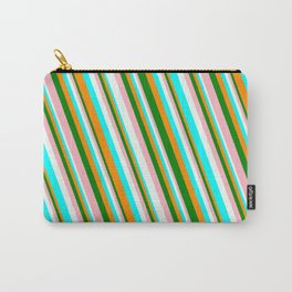 [ Thumbnail: Vibrant Dark Orange, Green, Light Pink, Mint Cream, and Aqua Colored Striped/Lined Pattern Carry-All Pouch ]