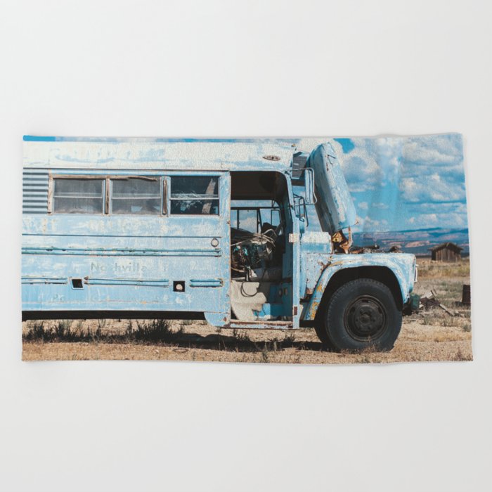 Blue Bluebird Bus - Utah Desert Beach Towel