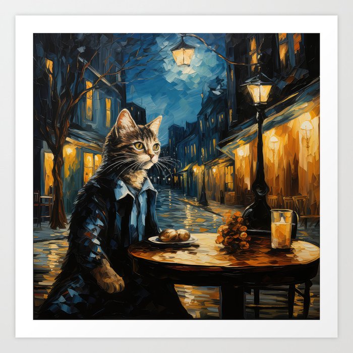 Cat and Cafe Terrace at Night Van Gogh inspired 1 Art Print