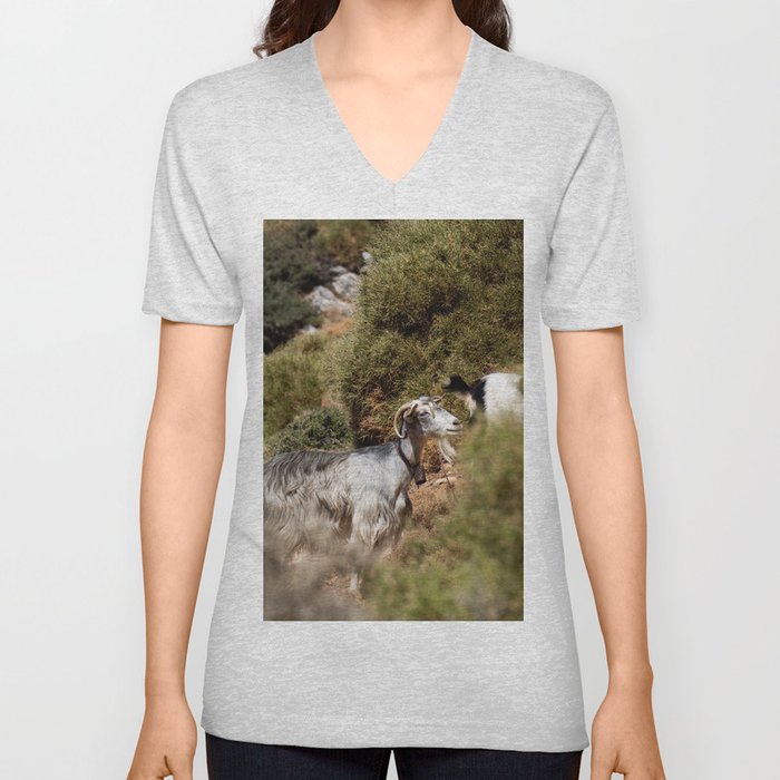 Greek Goat on the Hill | Green Animal Photograph | Cute & Fuzzy Mountain Goat | Travel Photography in Greece V Neck T Shirt