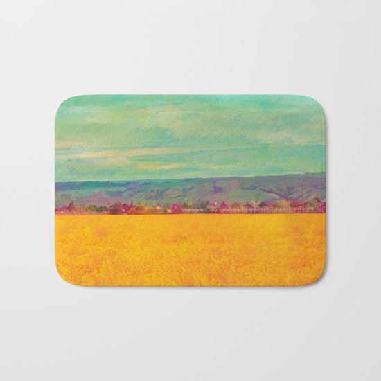 Teal Sky, Indigo Mountains, Mustard Plants, Colorful Houses Bath Mat