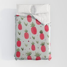 Watercolor pineapples - red and sage Duvet Cover