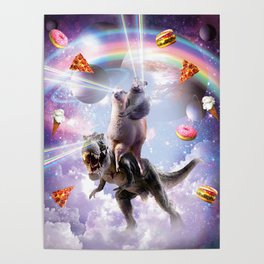 Laser Eyes Space Cat On Llama Dinosaur - Rainbow Poster