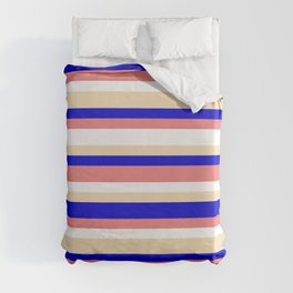 [ Thumbnail: Blue, Light Coral, White & Tan Colored Lined/Striped Pattern Duvet Cover ]
