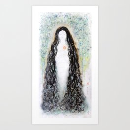long hair lady Art Print | Watercolor, Light, Aen, Digital, Painting, Expressionism, Green, Street Art, Pattern, Impressionism 