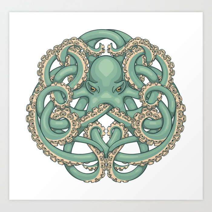 Octopus Emblem Green Art Print