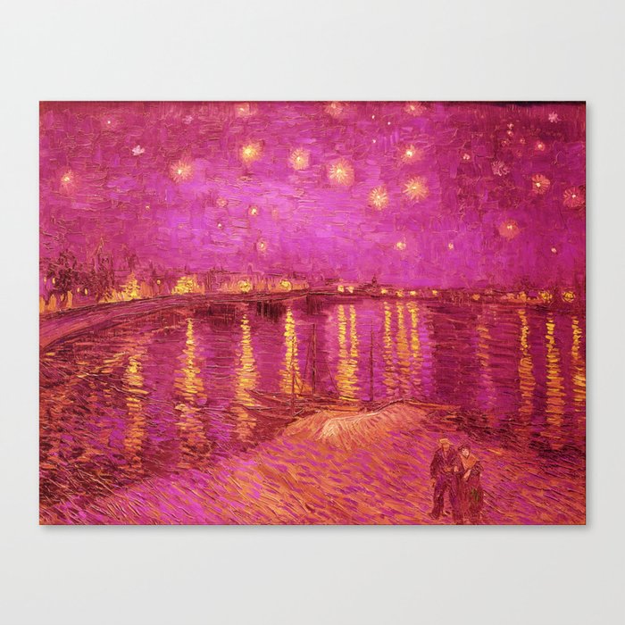 Starry Night Over the Rhone landscape painting by Vincent van Gogh in alternate pink with yellow stars Canvas Print