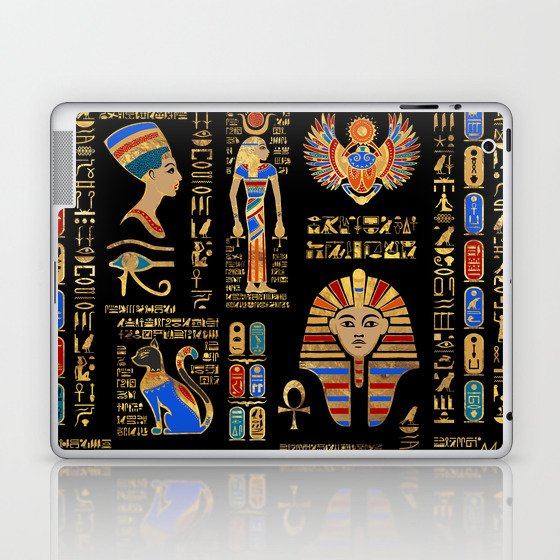 Egyptian hieroglyphs and deities on black Laptop & iPad Skin